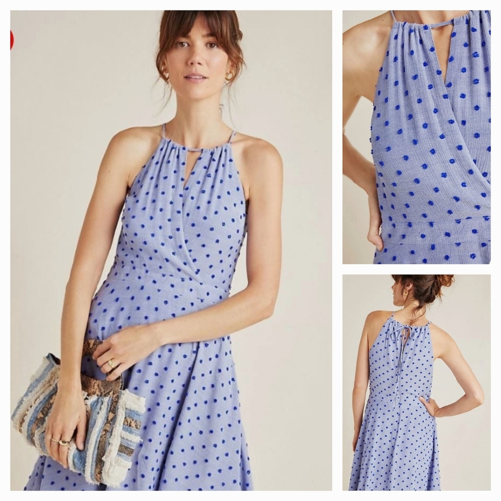 Anthropologie Blue Polka Dot Backless Dress